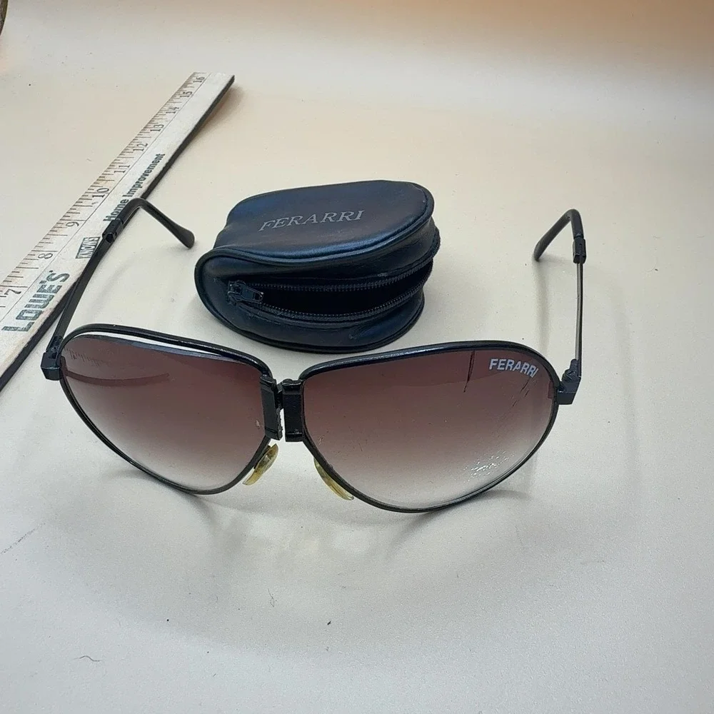 VTG Ferarri Sunglasses Aviator Black Metal Frame Brown **damaged Lens with Case